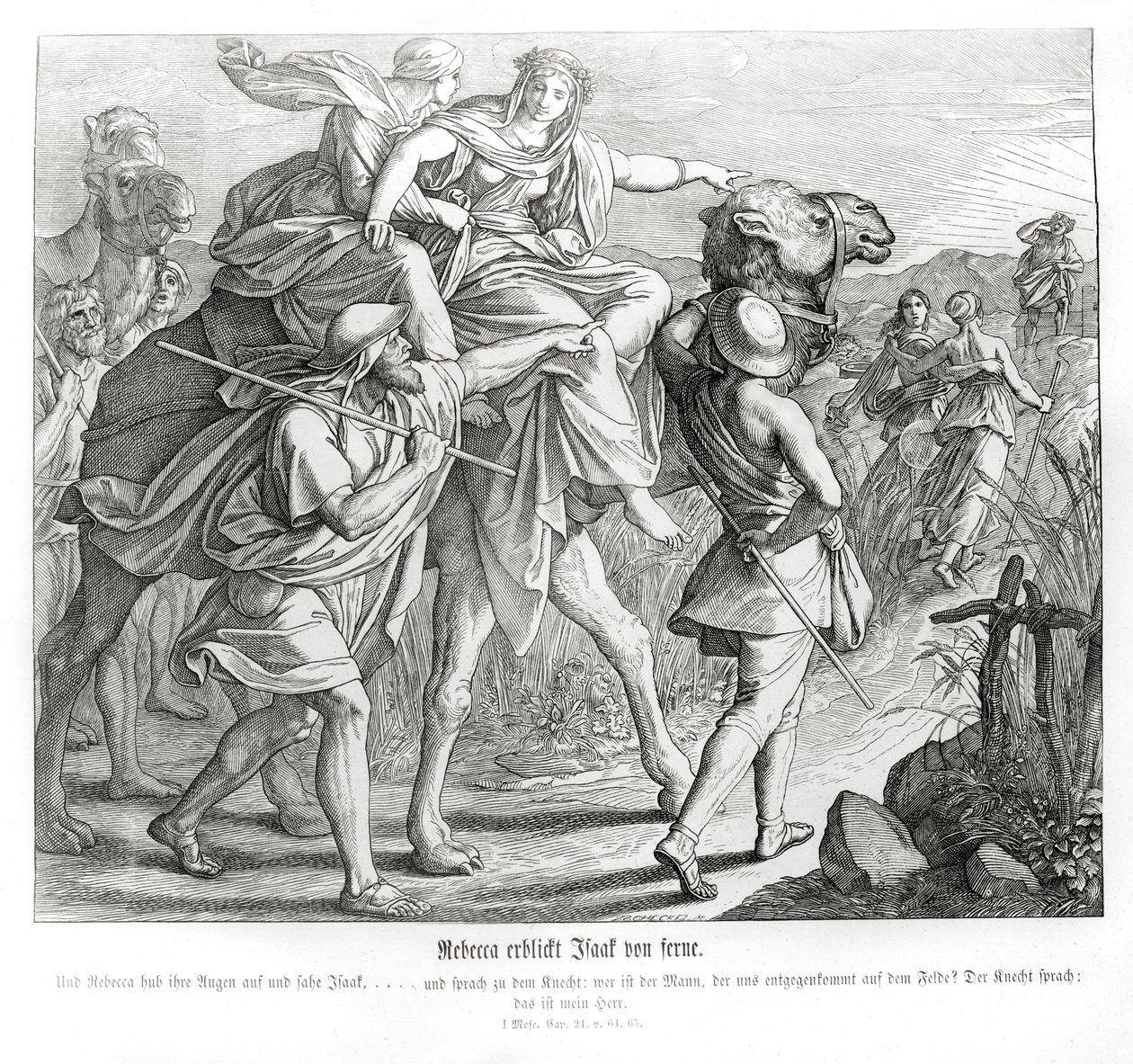 Rebecca sees Isaac from afar, Genesis by Julius Schnorr von Carolsfeld