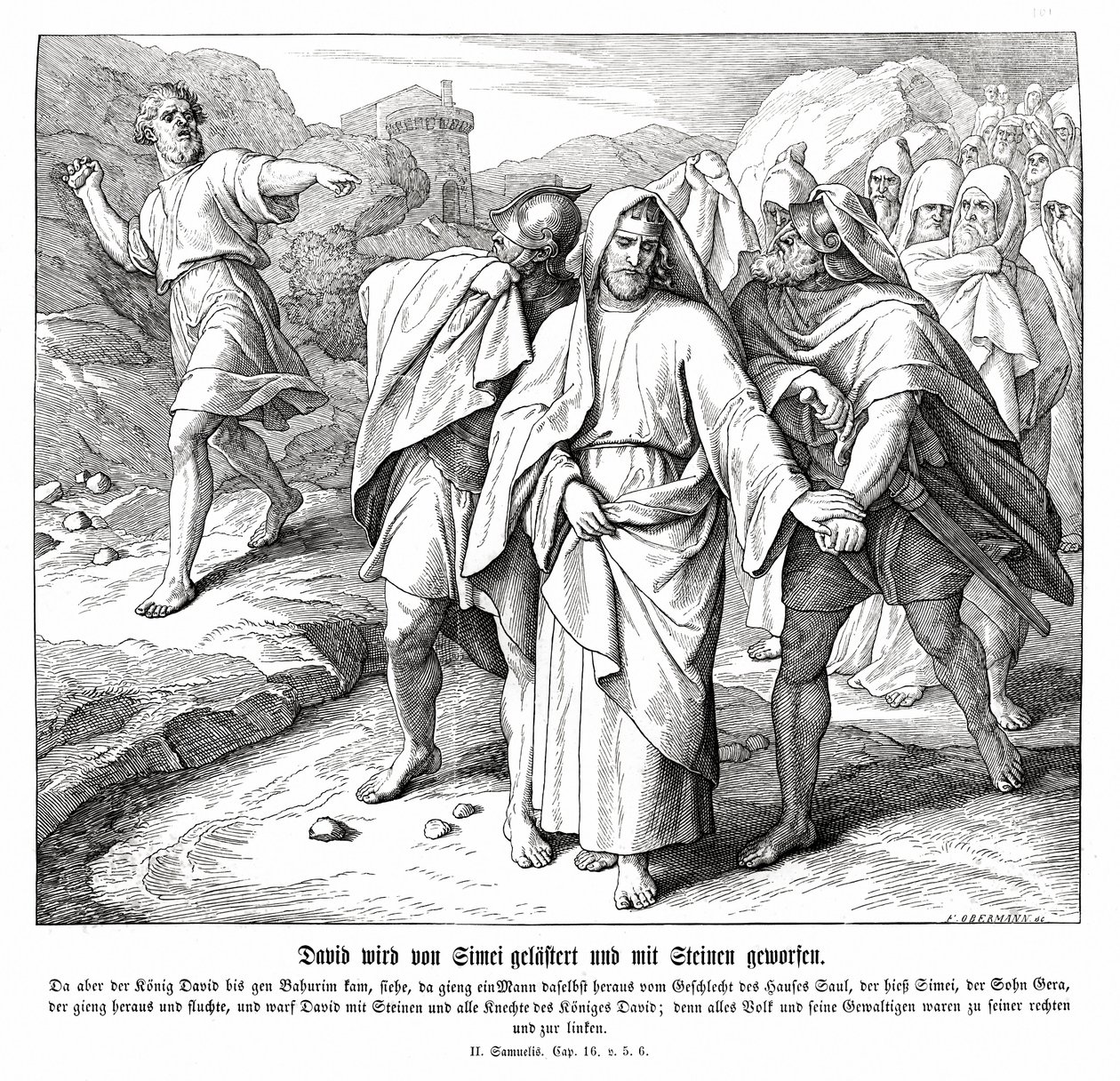 Shimei curses and throws stones at David, 2 Samuel by Julius Schnorr von Carolsfeld