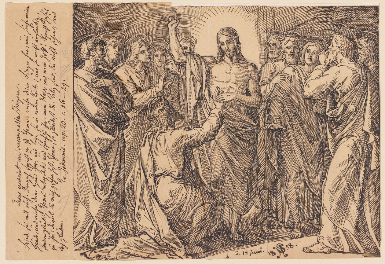Left: Jesus Appears to the Gathered Disciples. Peace Be with You. Then He Speaks to Thomas: ...? by Julius Schnorr von Carolsfeld