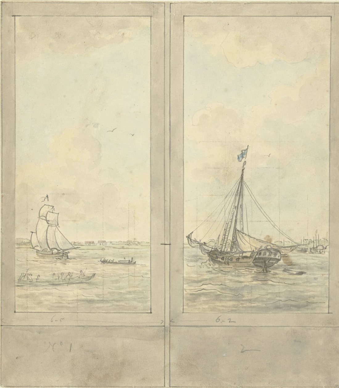 Design for Two Wallpaper Panels: River with Ships in the Netherlands by Jurriaan Andriessen