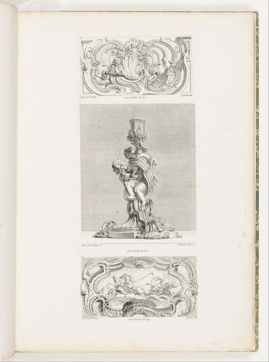 Ornament Panel with Shell Fountain Flanked by Garlands and Volutes, pl. 22 in Oeuvre de Juste-Aurèle by Juste Aurèle Meissonnier