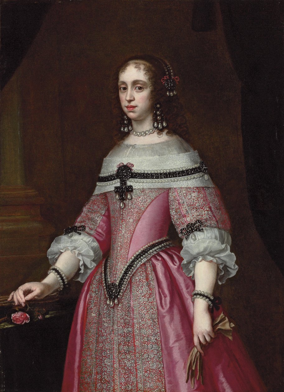 Portrait of a Lady, Three-Quarter-Length, in an Embroidered Pink Dress, Elaborate Headdress and Earrings, Holding Gloves in Her Left Hand and a Rose in Her Right, a Draped Column Behind by Justus (circle of) Sustermans