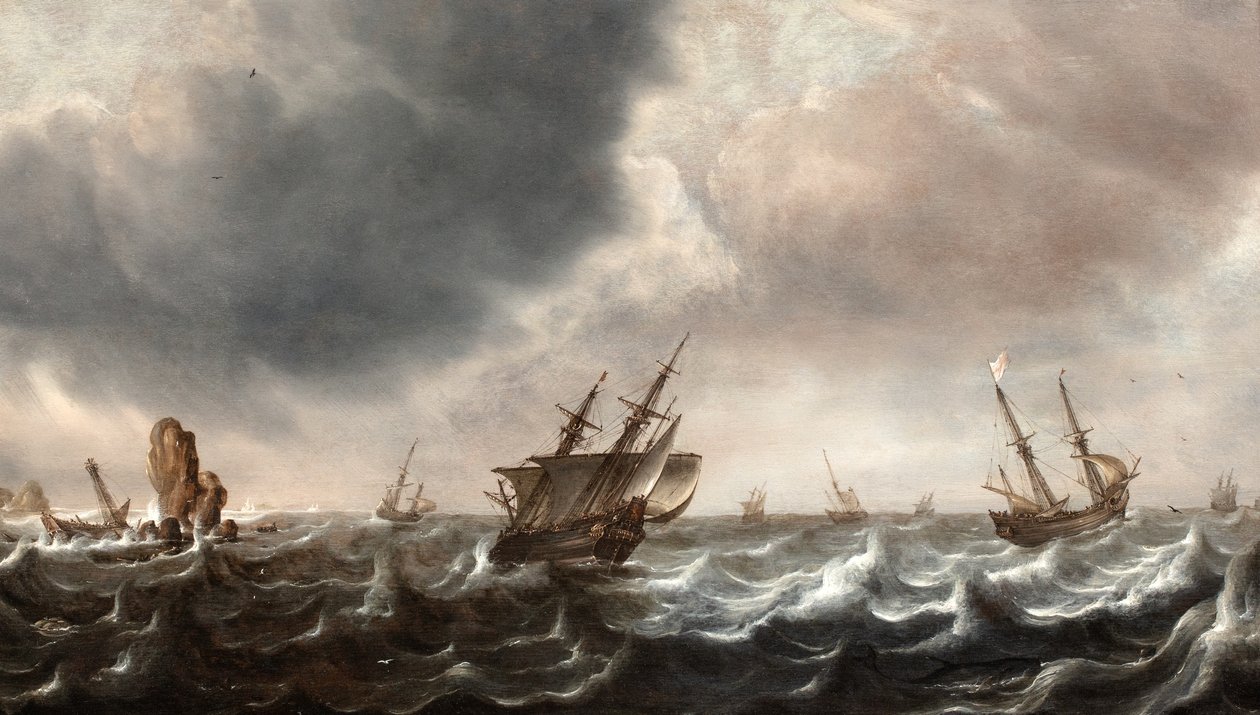 Shipping in Choppy Seas with a Whale in the Foreground by Justus de Verwer