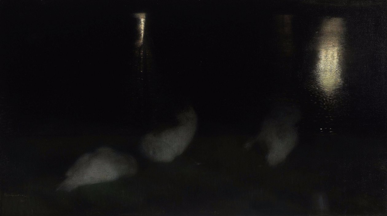 Nocturne. Swans in the Saxon Garden in Warsaw by Night by Jozef Pankiewicz