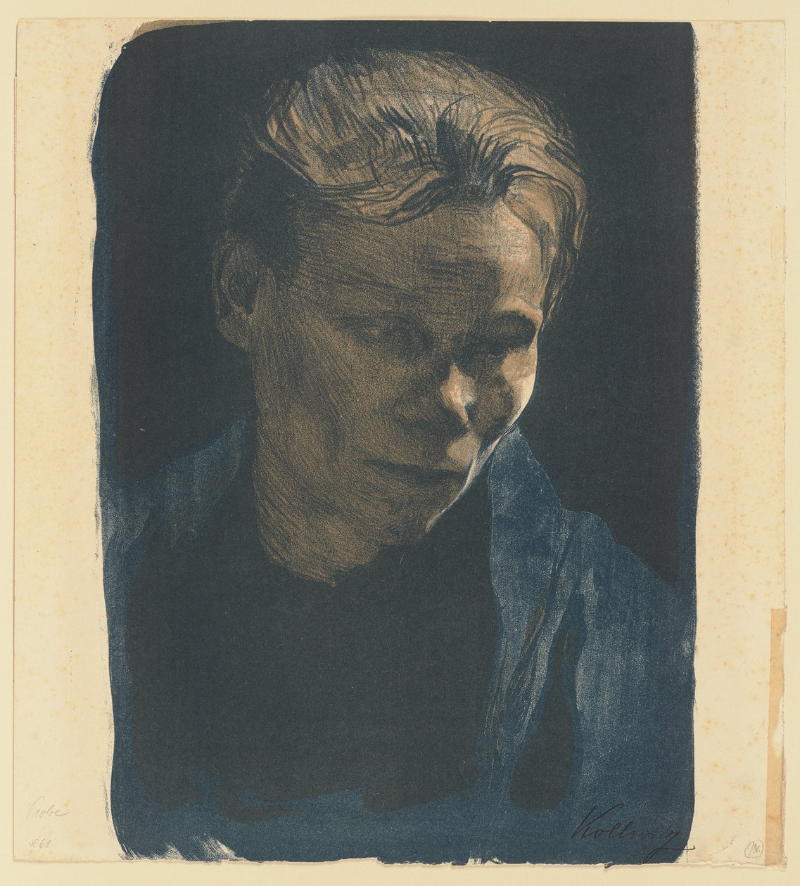 Half-Length Portrait of a Working-Class Woman with a Blue Shawl by Käthe Kollwitz