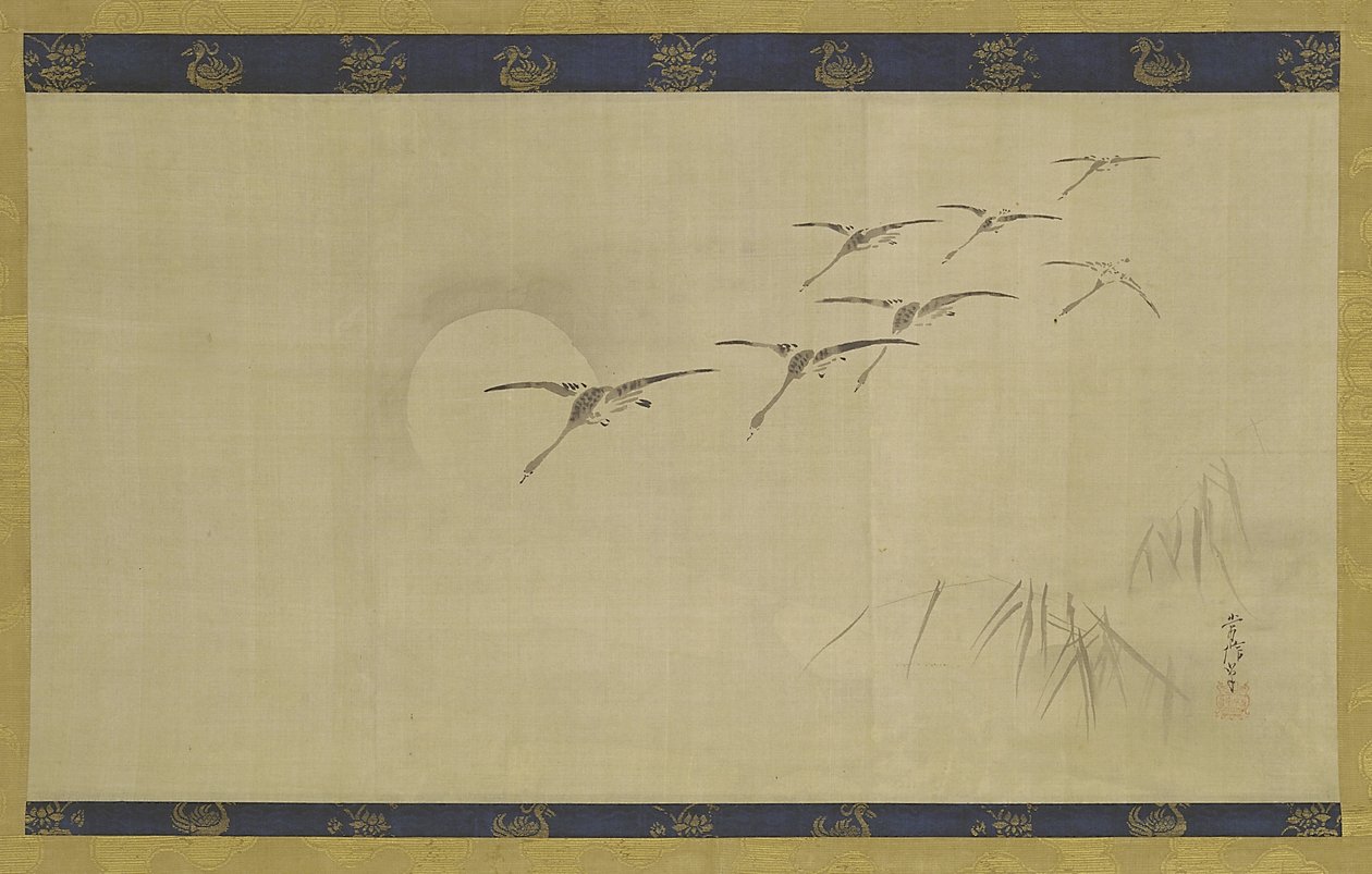 Geese, Moon and Water-Plants by Kano Tsunenobu
