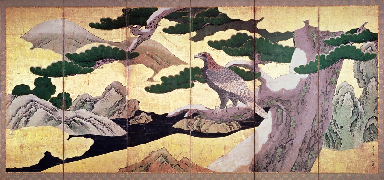 The Hawks in the Pines, 6 Panel Folding Screen (pen and ink, colour, gold on panel) by Kano Eitoku