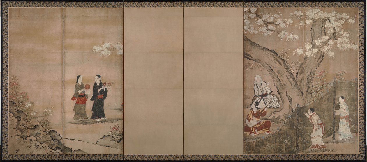 Merry-Making Under Aronia Blossoms. Right of a Pair of Six-Section Folding Screens by Kano Isenin Naganobu