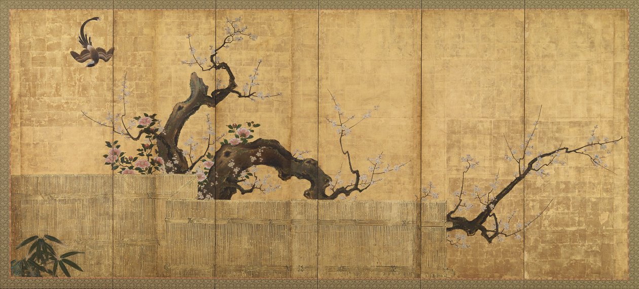 Blossoming Plum and Camellia in a Garden Landscape by Kano Koi