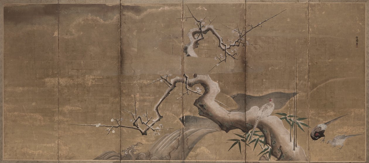 Winter Scene with Plum Trees and Pheasants (Birds Left) by Kano Naonobu