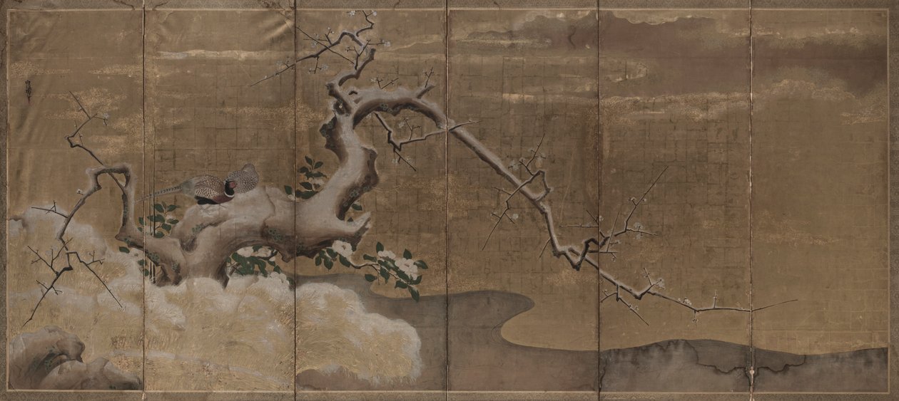 Winter Scene with Plum Trees and Pheasants (Birds Right) by Kano Naonobu