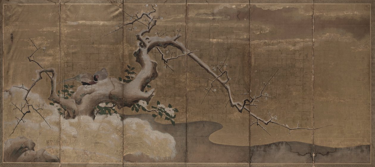 Winter Scene with Plum Trees and Pheasants Birds Right by Kano Naonobu