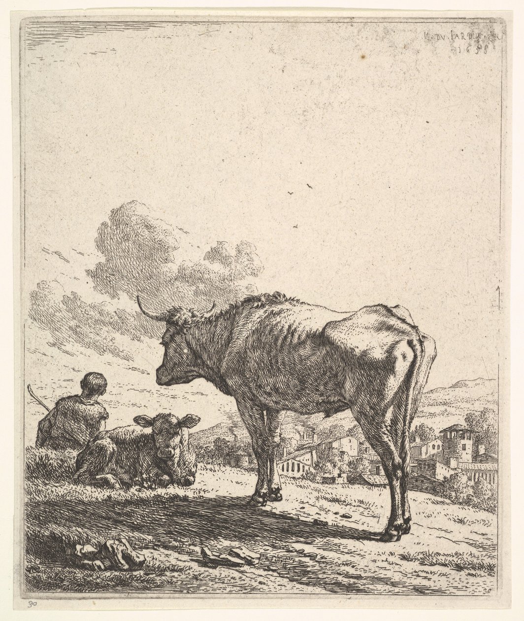 Cowherd with Cow and Calf on a Hillside, 1658 by Karel Du Jardin