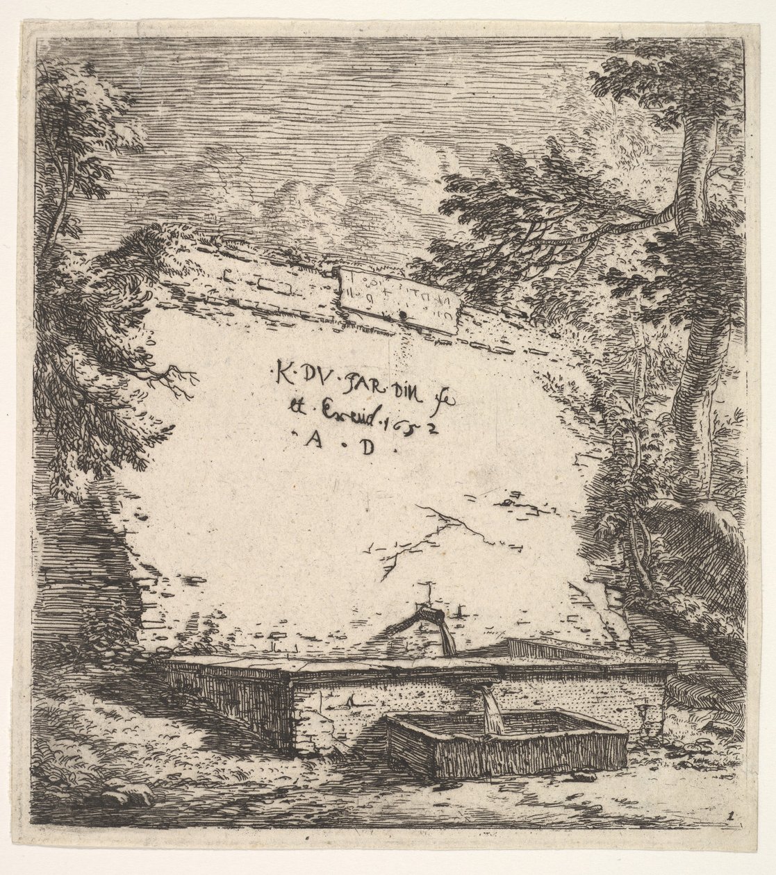 Frontispiece with Stepped Fountain, a Stone Wall with Water Spout Pouring Water into a Rec... by Karel Du Jardin