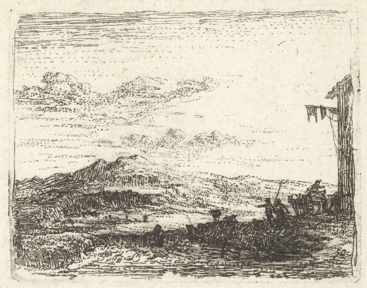 Landscape with corner of building and awning at far right, two figures and a horse by Karel Du Jardin