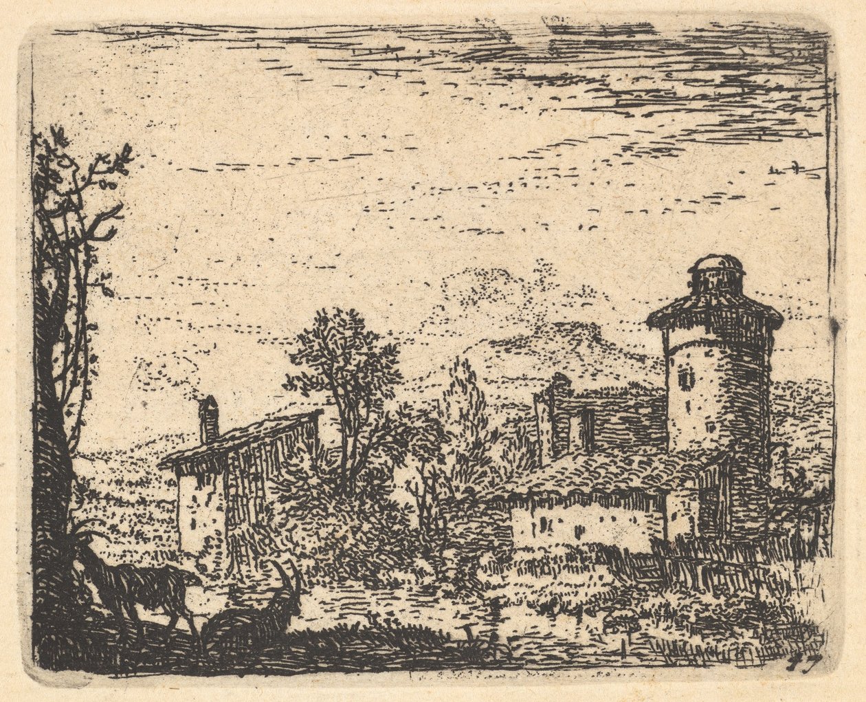 Landscape with Two Horned Goats in Shadow at Left Foreground, Village Buildings Beyond by Karel Du Jardin