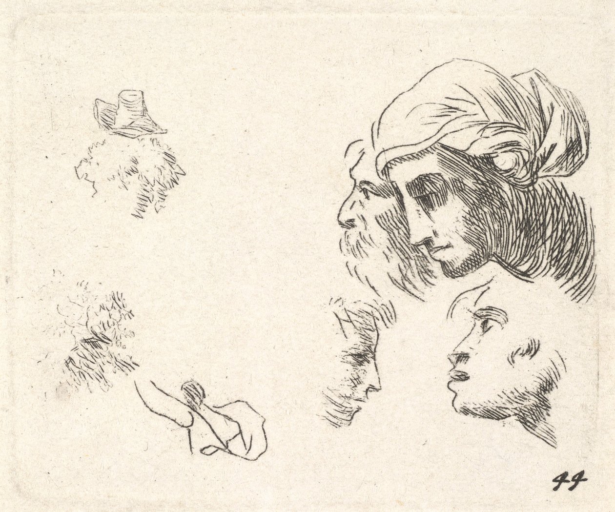 Study of Heads in Profile View, a Woman with Headcloth and Bearded Man Whose Heads ..., ca. 1641-78 by Karel Du Jardin
