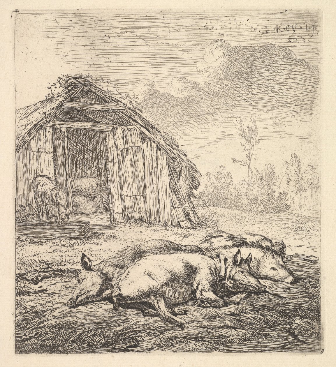 Three Pigs Lying on Their Sides, a Pigsty and Trough Beyond by Karel Du Jardin
