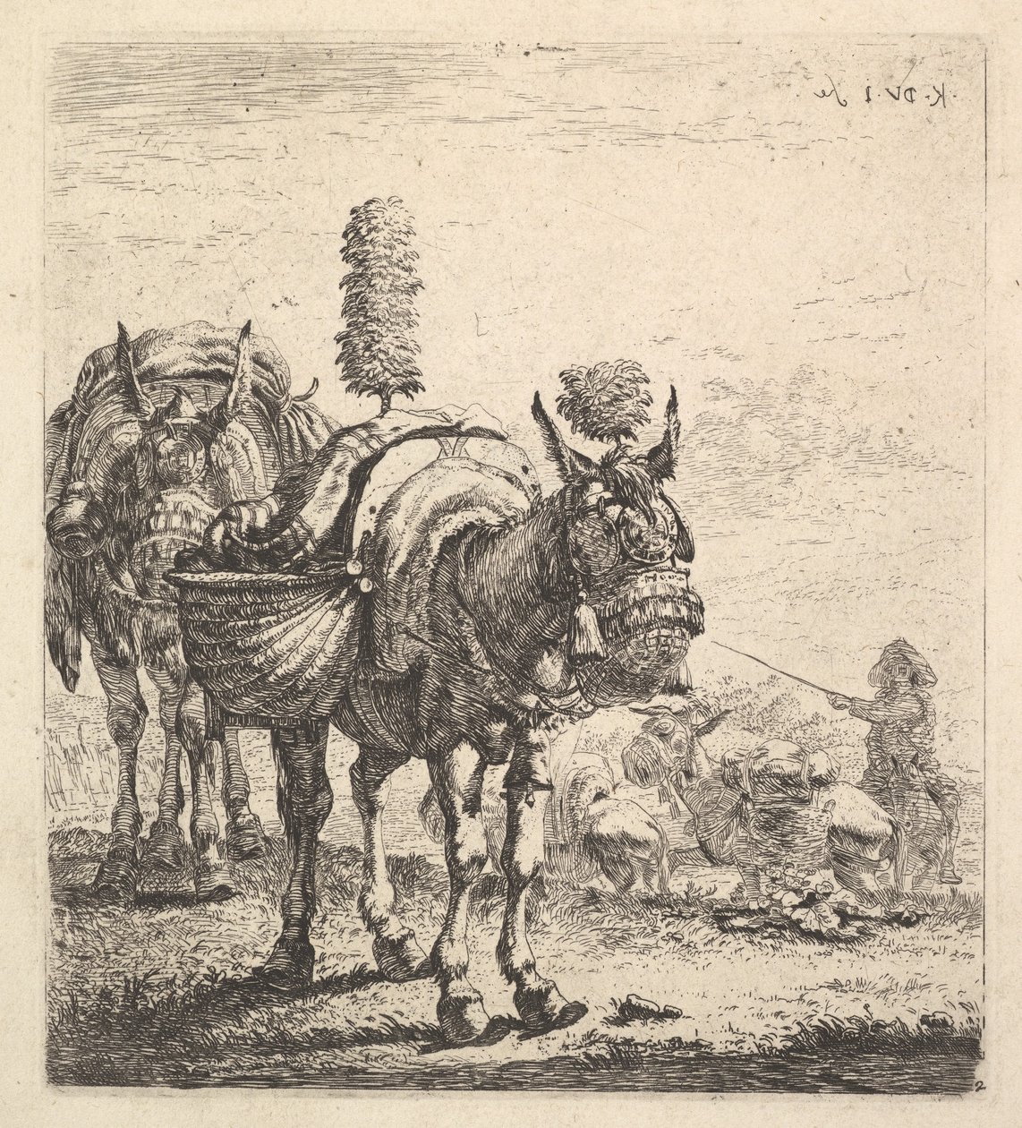 Two Mules Bearing Panniers and Outfitted with Blinders, Plumes, and Tassels by Karel Du Jardin