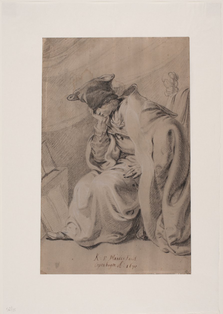 Thoughtful Young Man Sitting with Hand Under Chin. Cloak and Fur Hat by Karel van III Mander