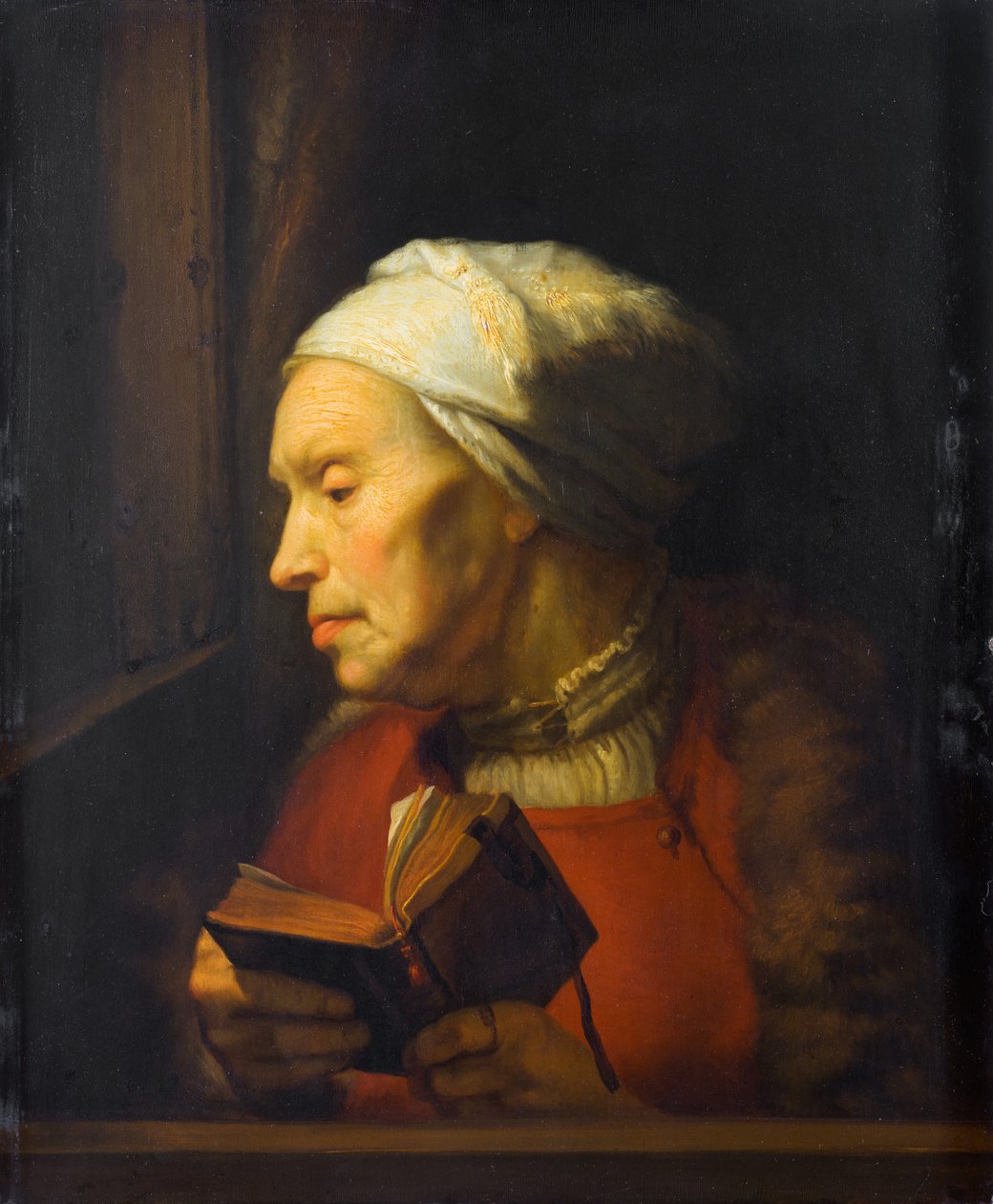 Portrait of an Old Woman Holding an Open Book by Karel van der Pluym