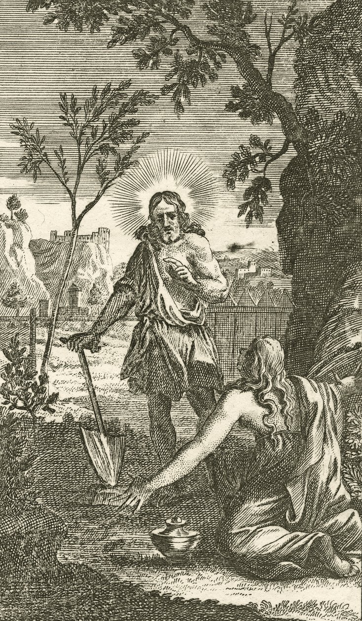 Jesus appears as a gardener to Mary Magdalen, from a German devotional, 1709 by Karl Remshard