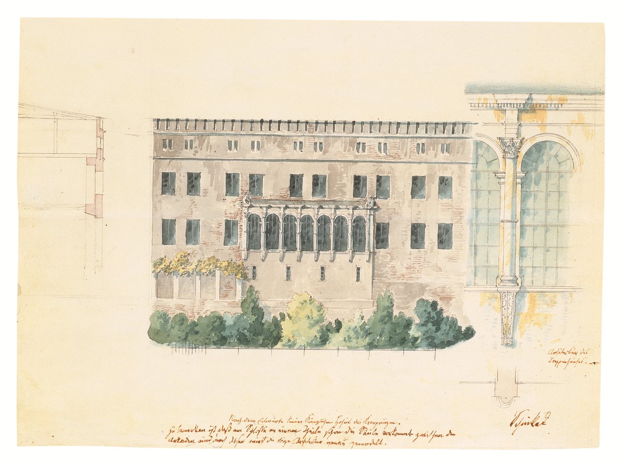 A design for a new stairwell for the North façade of the Schloss at Stettin, with a subsidiary study of the loggia, a cross-section of the façade, and an engaged pilaster, c.1840 by Karl Friedrich Schinkel