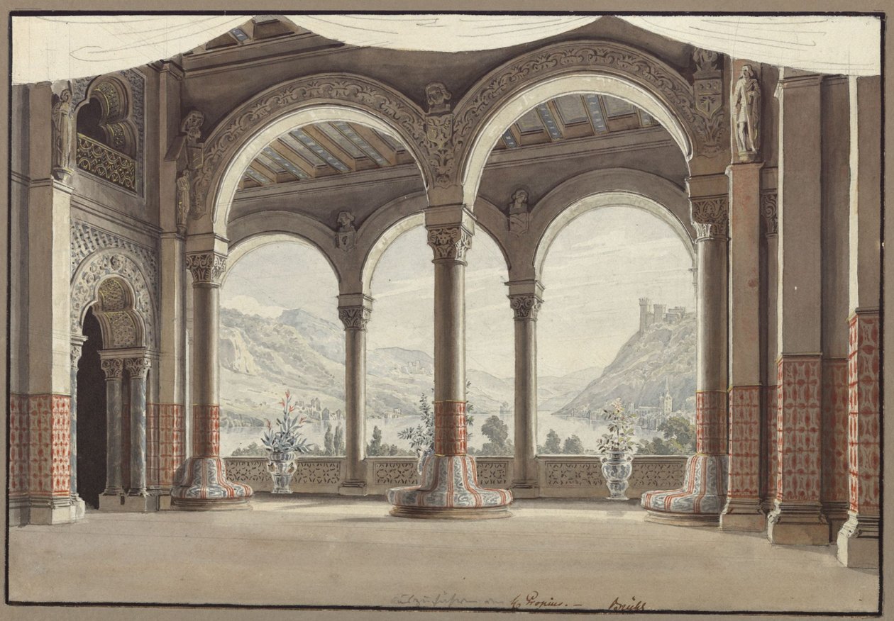 Agnes von Hohenstaufen. Opera by Gaspare Spontini. Design for the 2nd Decoration. Open Hall by Karl Friedrich Schinkel