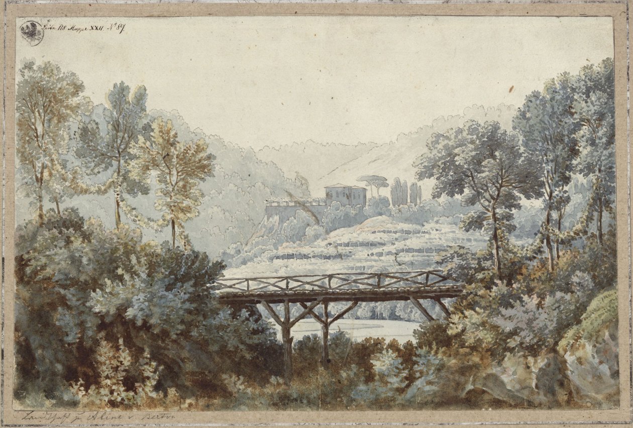 Aline, Queen of Golconda. Opera by Henri-Montan Berton. Design for the 2nd Decoration. Landscape with River and Bridge by Karl Friedrich Schinkel