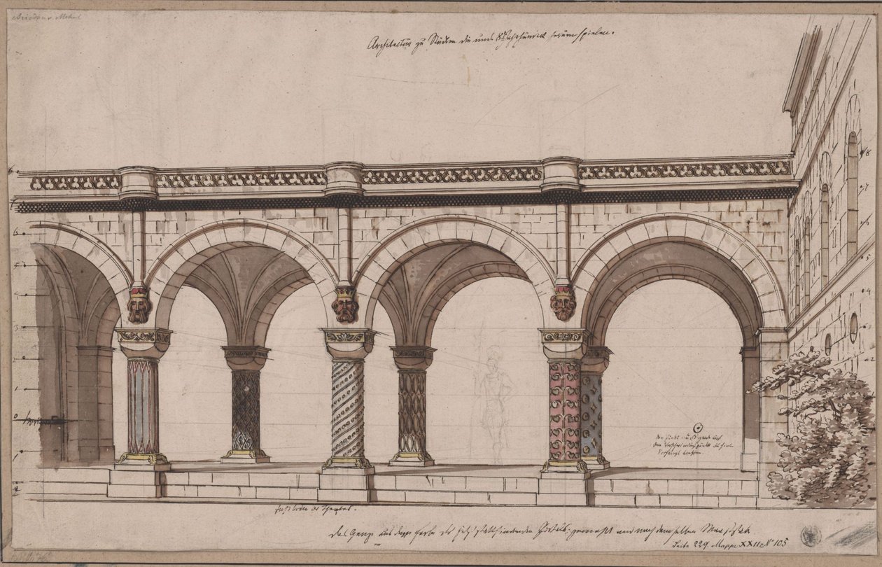 Ariodan. Opera by Etienne Nicolas Méhul. Design for the 1st Decoration. Arcade / A Gallery by Karl Friedrich Schinkel