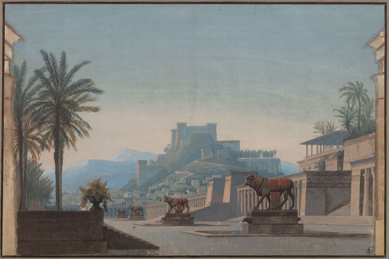Athalia. Opera by Johann Nepomuk von Poissl. Design for the 1st Decoration. View of Jerusalem and the Fortress Zion by Karl Friedrich Schinkel