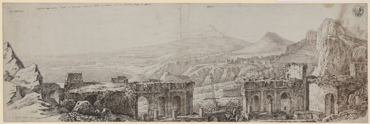 View from the Ancient Theater in Taormina over the Coast of Catania and Mount Gibello or Etna by Karl Friedrich Schinkel