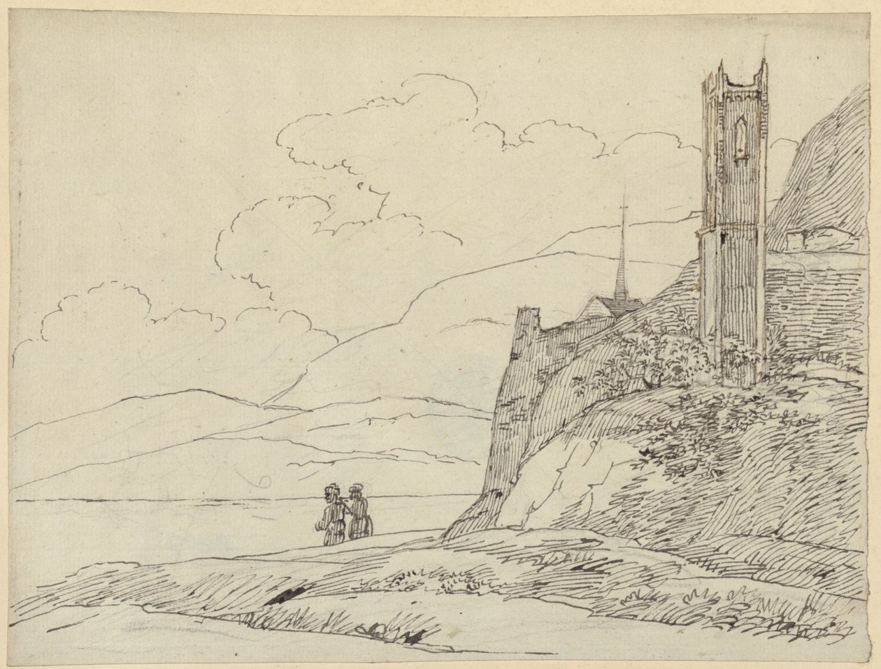 Mountain Landscape with Tower Ruins and Figures by Karl Friedrich Schinkel