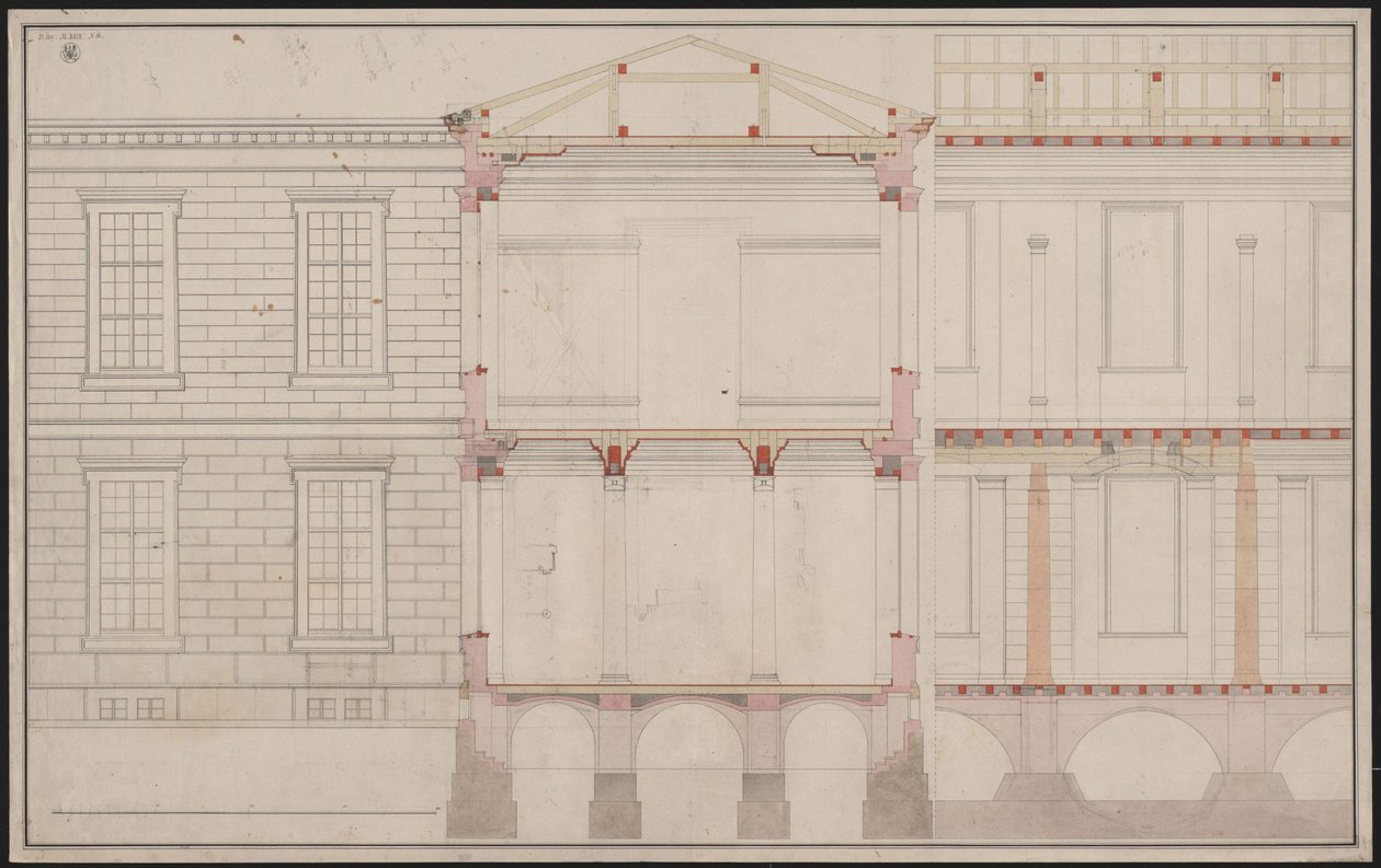 Berlin. Academy Building Unter den Linden. Partial Elevation of the Facade, Partial Longitudinal Section Detail and Cross Section by Karl Friedrich Schinkel