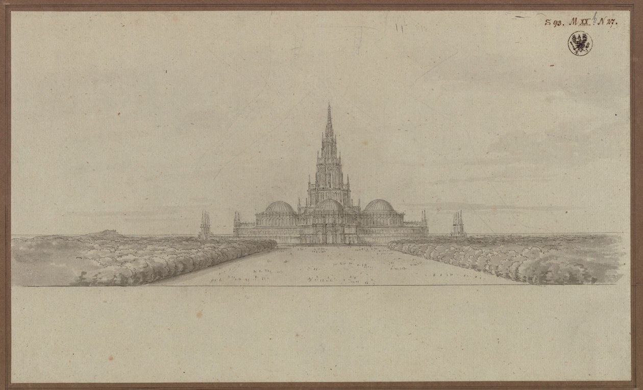 Berlin. Design for a Cathedral as a Monument for the Wars of Liberation (Liberation Cathedral) with Crossing Tower and Domes over the Cross Arms by Karl Friedrich Schinkel