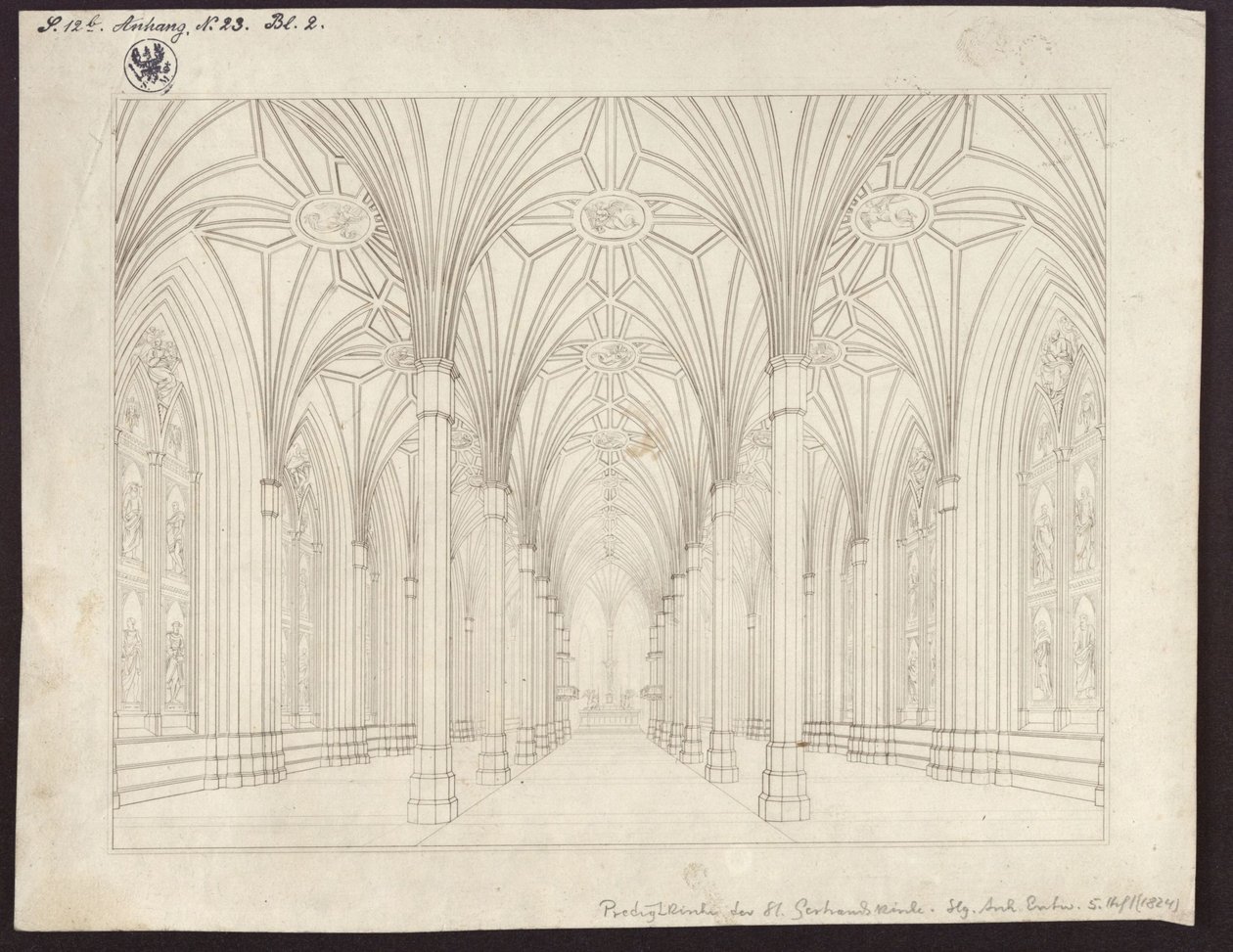 Berlin, Spittelmarkt. Design for the Gertrauden Church. Interior view, looking through the nave to the choir by Karl Friedrich Schinkel