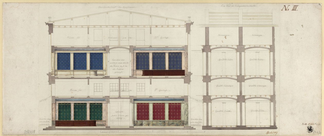 Berlin, Unter den Linden. Design for a Department Store. Two Sections by Karl Friedrich Schinkel
