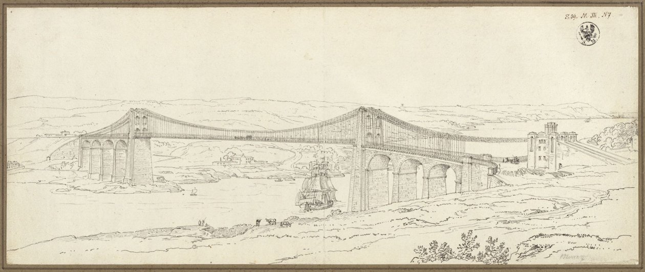 View of the suspension bridge over the Menai Strait near Bangor in Wales by Karl Friedrich Schinkel