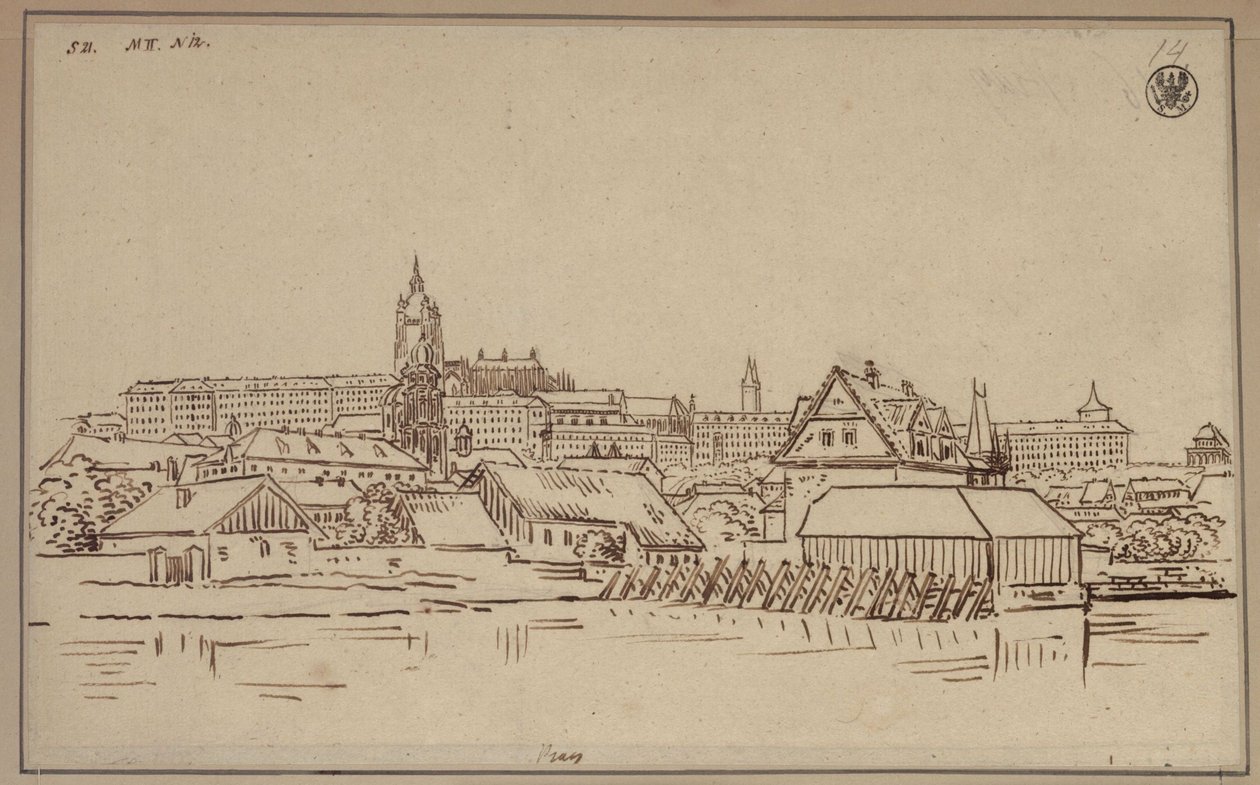 The Hradčany in Prague, with Buildings in the Foreground on the Lesser Town by Karl Friedrich Schinkel