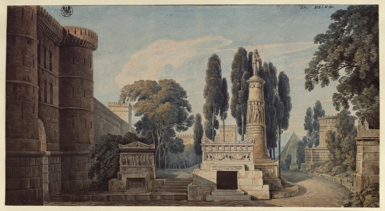 The Vestal. Opera by Gaspare Spontini. Design for the 3rd Decoration. View of an Ancient Roman Tomb Street by Karl Friedrich Schinkel