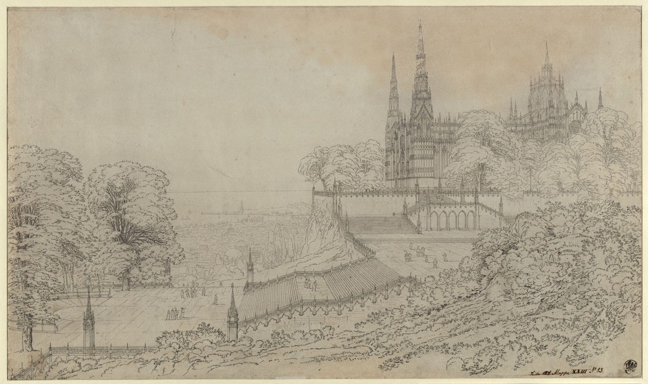 Design of a Theater Decoration, a Cathedral Church on the Height Above a Large City by the Sea by Karl Friedrich Schinkel