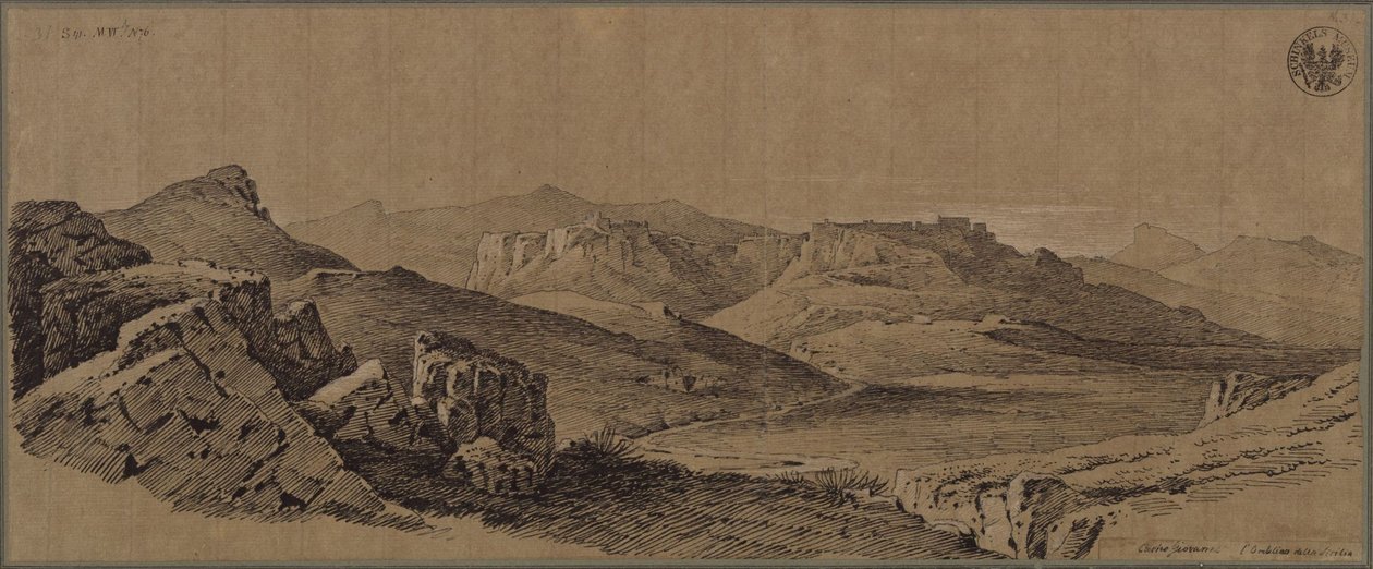 Fortress Castro Giovanni in the Center of Sicily / View of Enna in Sicily by Karl Friedrich Schinkel