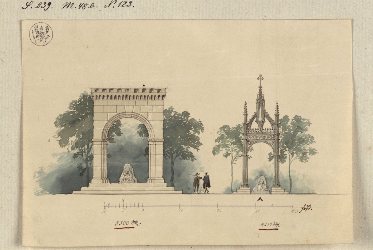 Lützen. Design for a Monument to King Gustav II Adolf of Sweden as an Open Arcaded Hall on Four Sides and as a Tabernacle above the Swedish Stone by Karl Friedrich Schinkel