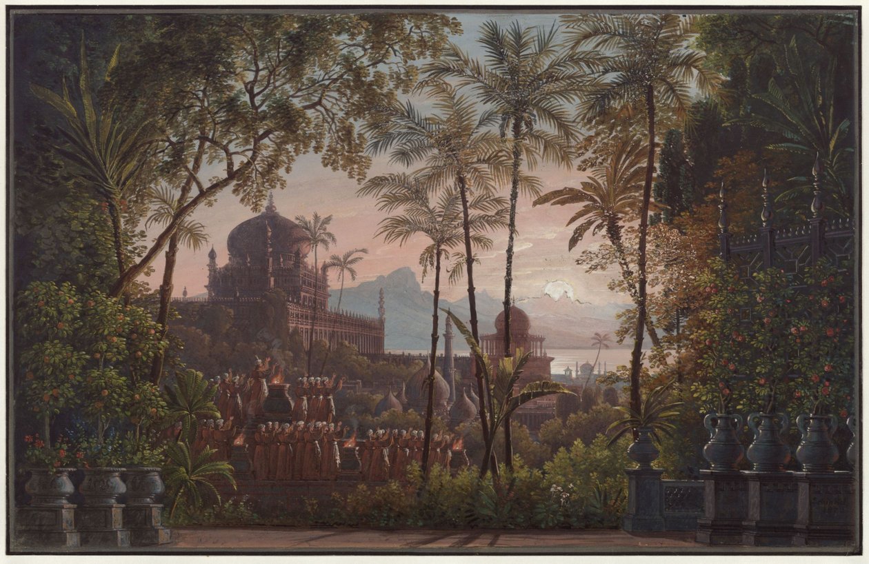 Nurmahal or the Rose Festival of Kashmir. Opera by Gaspare Spontini. Design for the 1st Decoration. Palace Garden with View of Kashmir by Karl Friedrich Schinkel
