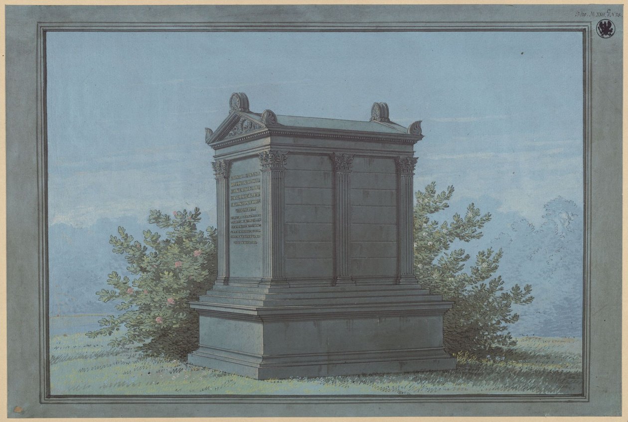 Sarcophagus in Temple Form / Białochowo, formerly Graudenz District, Marienwerder Region. Design for the Klinggräf Tomb Monument in the Form of a Small Temple with Corinthian Pilasters by Karl Friedrich Schinkel