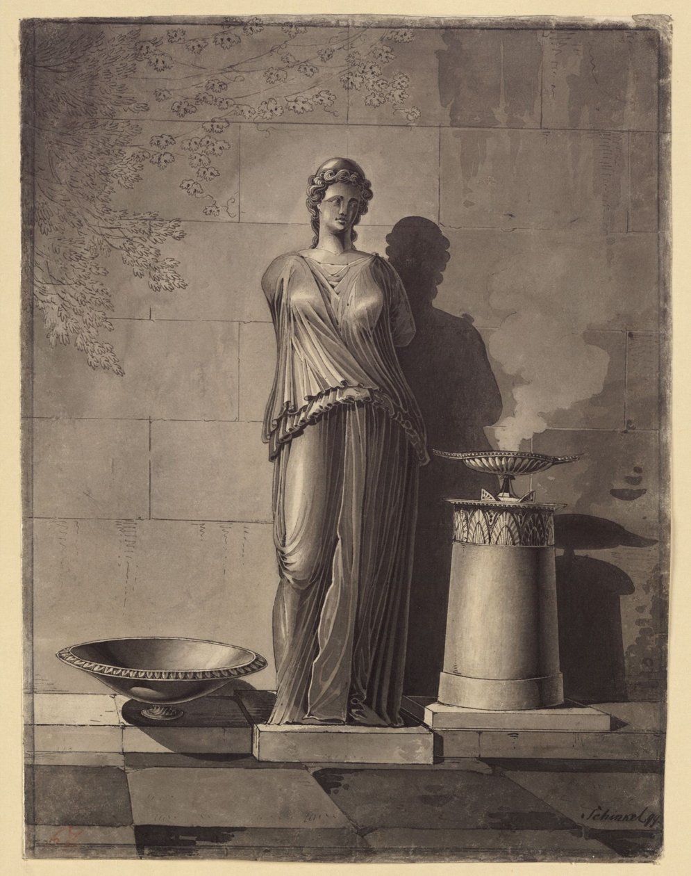 Female Ancient Draped Torso between a Bowl and an Altar by Karl Friedrich Schinkel