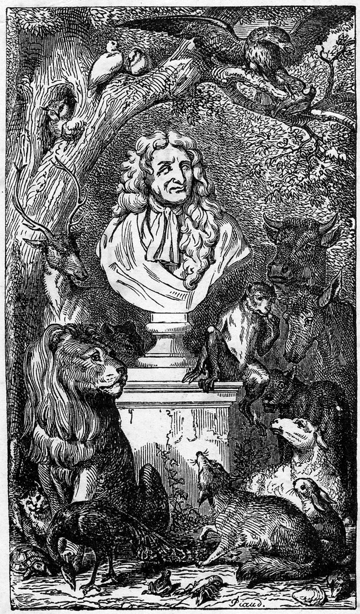 Allegoric bust of Jean de La Fontaine, surrounded by animals; frontispiece of a book of the Fables de la Fontaine by Karl Girardet