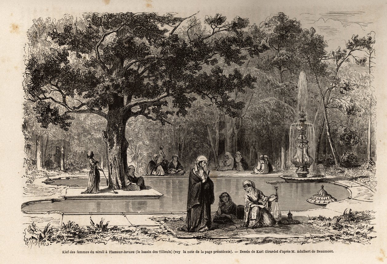 The kief of the women of the serail in Flamour-Javuzu, in the palace of Constantinople, Turkey, drawing by Karl Girardet, to illustrate a visit to the serail in 1860, by an anonymous woman. Engraving in 