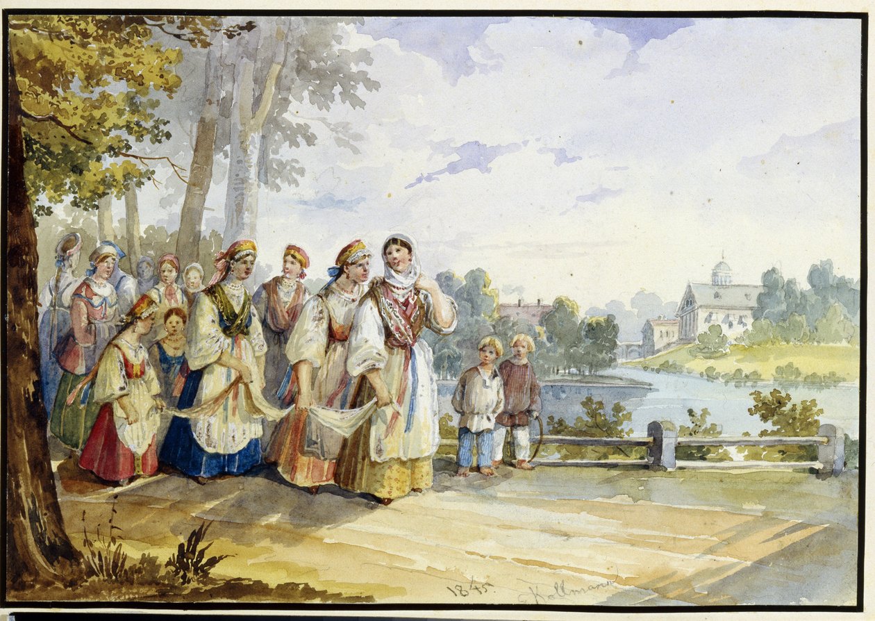Russian Peasant Girls with Festival Dress by Karl Ivanovich Kolmann