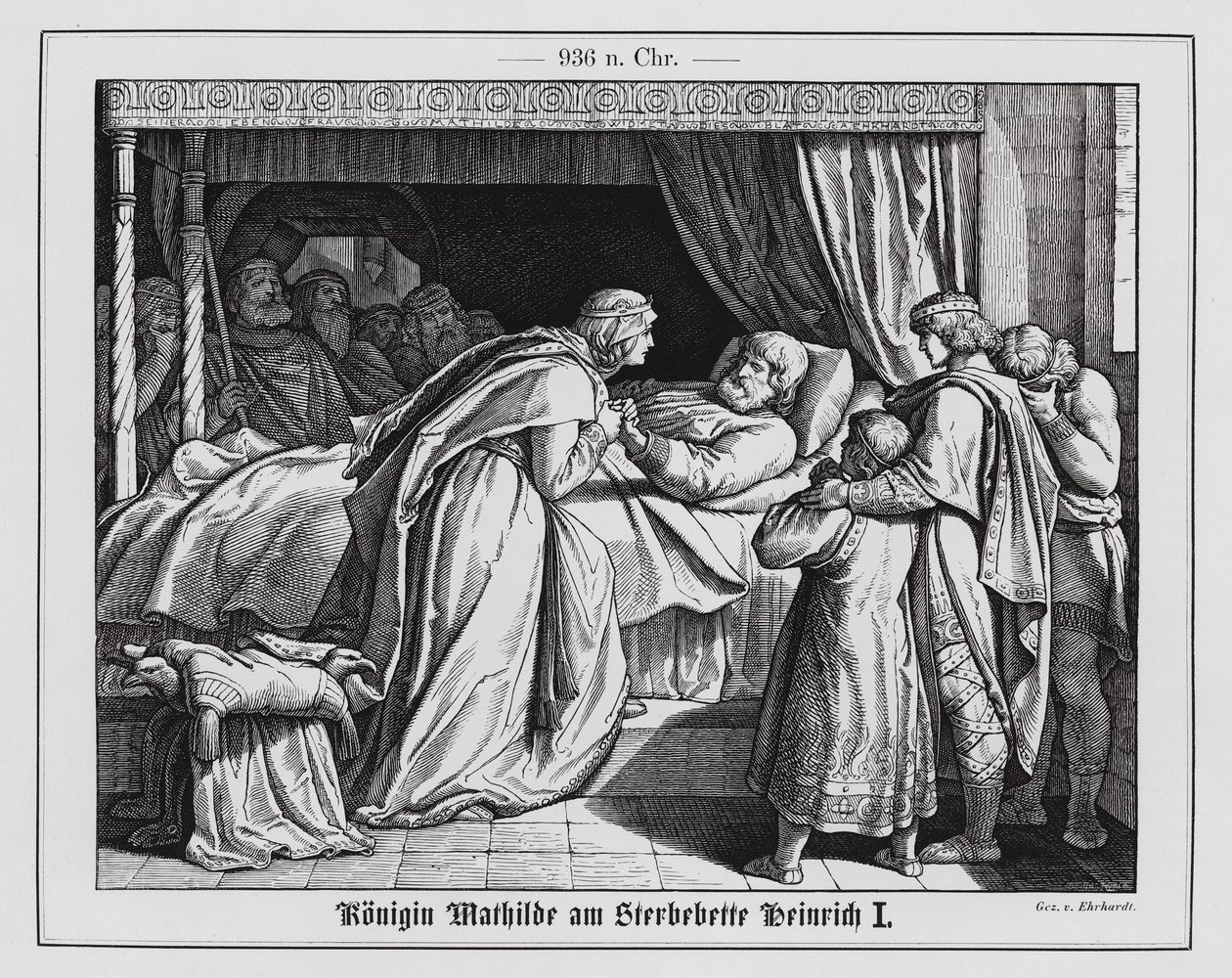 Queen Matilda beside the deathbed of King Henry I of East Francia, 936 (engraving) by Karl Ludwig Adolf Ehrhardt